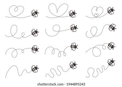 Bee flying path Vector bee flying in a heart shaped dot line Isolated on white background.