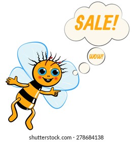 Bee flying to a sale. Humor. Cartoon.