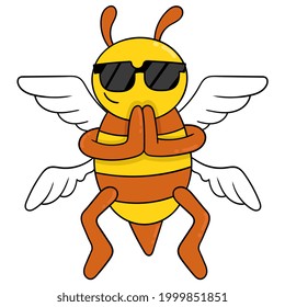 bee is flying wearing cute sunglasses, vector illustration art. doodle icon image kawaii.