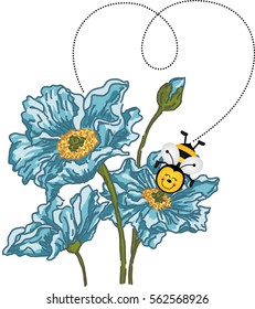 Bee forming a heart with your flight on blue flower
