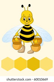 Bee and fresh honey in the comb. Vector illustration.