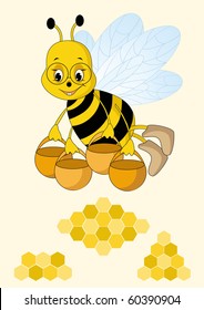 Bee and fresh honey in the comb. Vector illustration.