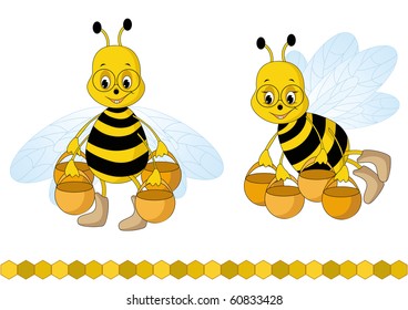 Bee and fresh honey in the comb. Vector illustration.
