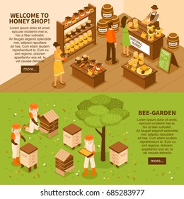 Bee garden farm with beehives and natural organic honey shop 2 horizontal isometric banners set vector illustration 