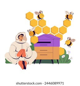 Bee garden worker relax near beehive. Apiarist in protective suit gather honey, collects harvest of honeybee hive. Beekeeper cares about apiary. Flat vector illustration isolated on white background