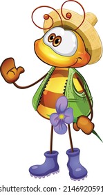 Bee. Bee gardener. Gardener in a hat and waistcoat. Flower in hand.