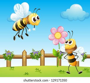 Bee giving a flower to another bee