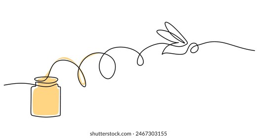 Bee and Glass canning jar with honey in continuous line art drawing style. Food preserve. Continuous one line drawing of honey glass jars. Sweet pure honey. Hand drawn vector illustration.