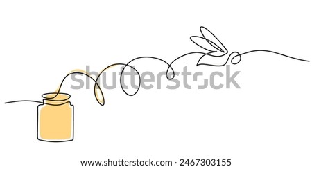 Bee and Glass canning jar with honey in continuous line art drawing style. Food preserve. Continuous one line drawing of honey glass jars. Sweet pure honey. Hand drawn vector illustration.