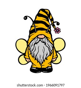 Bee Gnome, Bumblebee Summer Gnome Vector Art, Cute Honey Bee Character with beard and wings for summer porch, season festival invitation, honey jar label. Funny doodle art, sweet and natural food