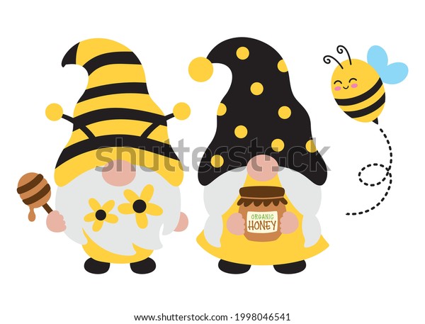 Bee gnome couple in bee costume with\
organic honey vector\
illustration.