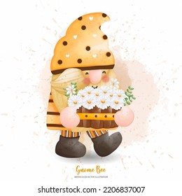 Bee Gnome holding daisies,  watercolor illustration
