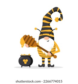 Bee gnome with wings. Cute scandinavian dwarf with honey jar. Holiday banner or card with little leprechaun. Hand drawn summer element. Vector illustration in flat cartoon style.