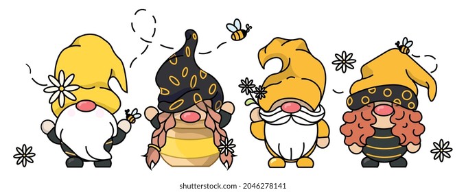 Bee gnomes concept. Collection of cute characters with beard, hat and flowers. Design elements for stickers, posters and social networks. Cartoon flat vector illustration isolated on white background