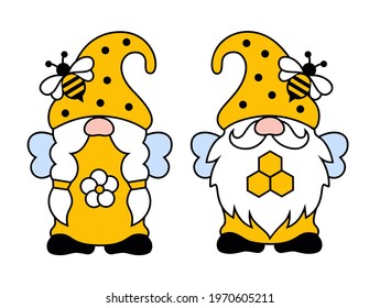 Bee gnomes couple. Funny boy and girl honey bees with honeycombs, wings and flowers. Cute vector illustration. Summer scandinavian characters in cartoon style. Kids print.