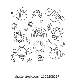 conjunto vectorial de ilustraciones de doodle dibujadas a mano de abeja