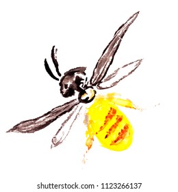 Bee hand drawn paintbrush watercolor painting isolated on white