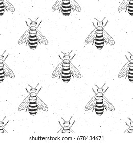 Bee hand drawn seamless pattern, monochrome background vector illustration.
