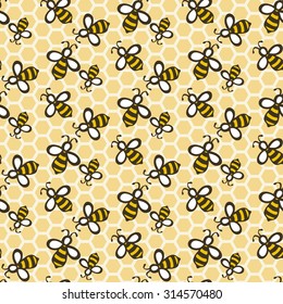 Bee. Hand-drawn seamless cartoon pattern with honey bees on the comb. Doodle drawing. Vector illustration. 