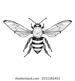 Bee, Hand-Drawn Vector, Graphic Style, Cartoon Illustration, Black and White, Sketch Style, Isolated on White Background