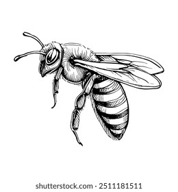 Bee, Hand-Drawn Vector, Graphic Style, Cartoon Illustration, Black and White, Sketch Style, Isolated on White Background