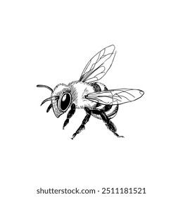 Abeja, Vector dibujado a mano, estilo gráfico, ilustración de dibujos animados, blanco y negro, estilo de boceto, aislado sobre fondo blanco