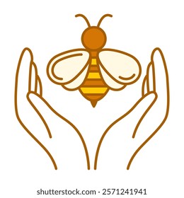 Bee in hands line icon vector isolated. Small yellow insect with wings and sting. Hands of beekeeper taking care of insect. Concept of apiculture.