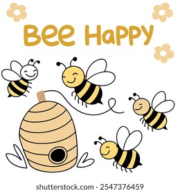 Bee Happy: Las abejas zumban alrededor del diseño del Vector de la colmena