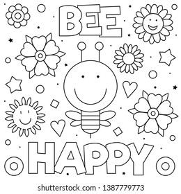 Bee happy. Coloring page. Vector illustration. Bee, flowers.