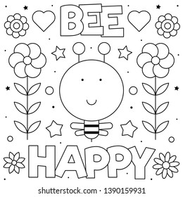 Bee happy. Coloring page. Vector illustration. Bee, flowers.