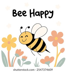 Bee Happy: Una linda abeja y flores de diseño de Vector