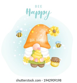 Bee happy with cute gnome and bees, Digital paint vector illustration.