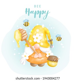 Bee happy with cute gnome and bees, Digital paint vector illustration.