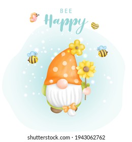 Bee happy with cute gnome and bees, Digital paint vector illustration.