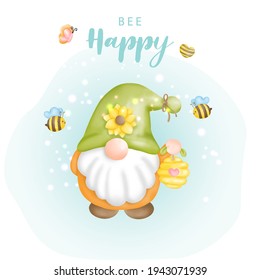 Bee happy with cute gnome and bees, Digital paint vector illustration.