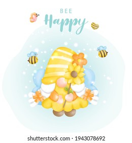 Bee happy with cute gnome and bees, Digital paint vector illustration.