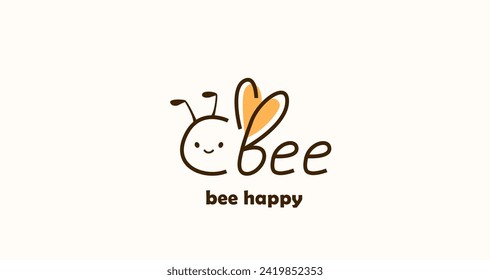 Bee happy funny quote vector illustration. Positive logo, label isolated on white background. Bumble icon graphic design.