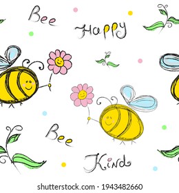 Abeja feliz, abeja amable. Ilustración vectorial patrón sin fisuras con abejas graciosas dibujadas a mano sobre fondo blanco. Plantilla lista para papel, postales, Día de San Valentín, cumpleaños, textiles. Pascua, primavera.