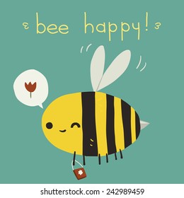 Bee happy postcard icon. The vector greeting card with cartoon funny bee for ui, web games, tablets, wallpapers, and patterns.