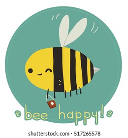 Bee happy postcard. The vector greeting card with funny bee mascot icon. For ui, web games, tablets, wallpapers, and patterns.