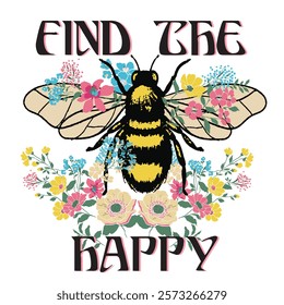 Bee Happy- bee quote, hand drawn lettering for cute print. Positive quotes isolated on white background. Happy slogan for tshirt. Vector illustration bumble,