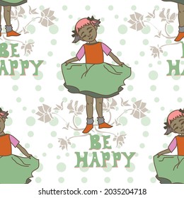 Bee happy text vector repeat pattern with little girl cartoon sketch in green, pink, red and with with decorative polka dots