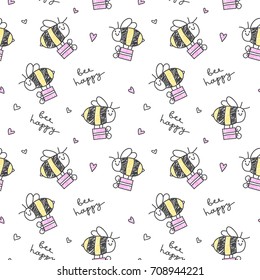 bee happy, vector seamless pattern of bee, gift box and lettering