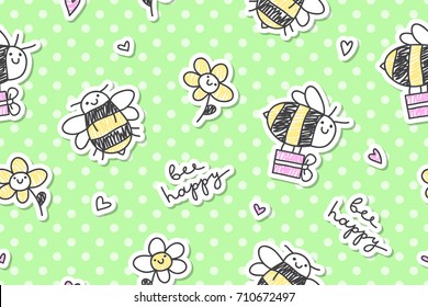 bee happy, vector seamless pattern of bees, gift boxes and flowers
