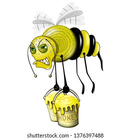 Bee hard work, a yellow and black bee carrying two buckets of honey