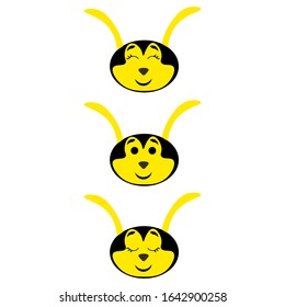 Bee heads with open and closed eyes isolated on white background. Stock vector illustration for decoration and design, postcards, fabrics, packaging, baby textiles, poster, banner, books.