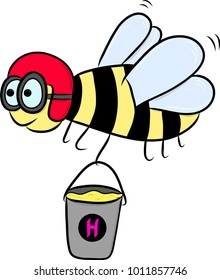 Bee in a helmet flies out of the hive and holding in its hand a bucket of honey. Pattern made in vector.