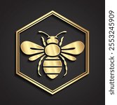 bee in hexagon 3d shiny gold logo design