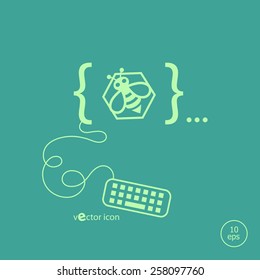 Bee in the hexagon and flat design elements. Design concept icons for application development, web page coding and programming,  web design, creative process, social media, seo.