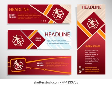 Bee in the hexagon icon on vector website headers, business success concept. Modern abstract flyer, banner.
